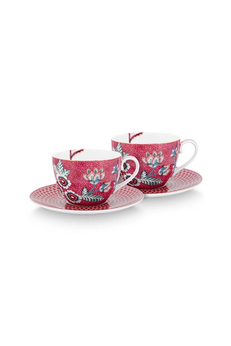 Flower Festival Set/2 Cappuccino Cup & Saucer Dark Pink 3 Flower Festival Set/2 Cappuccino Cup & Saucer Dark Pink